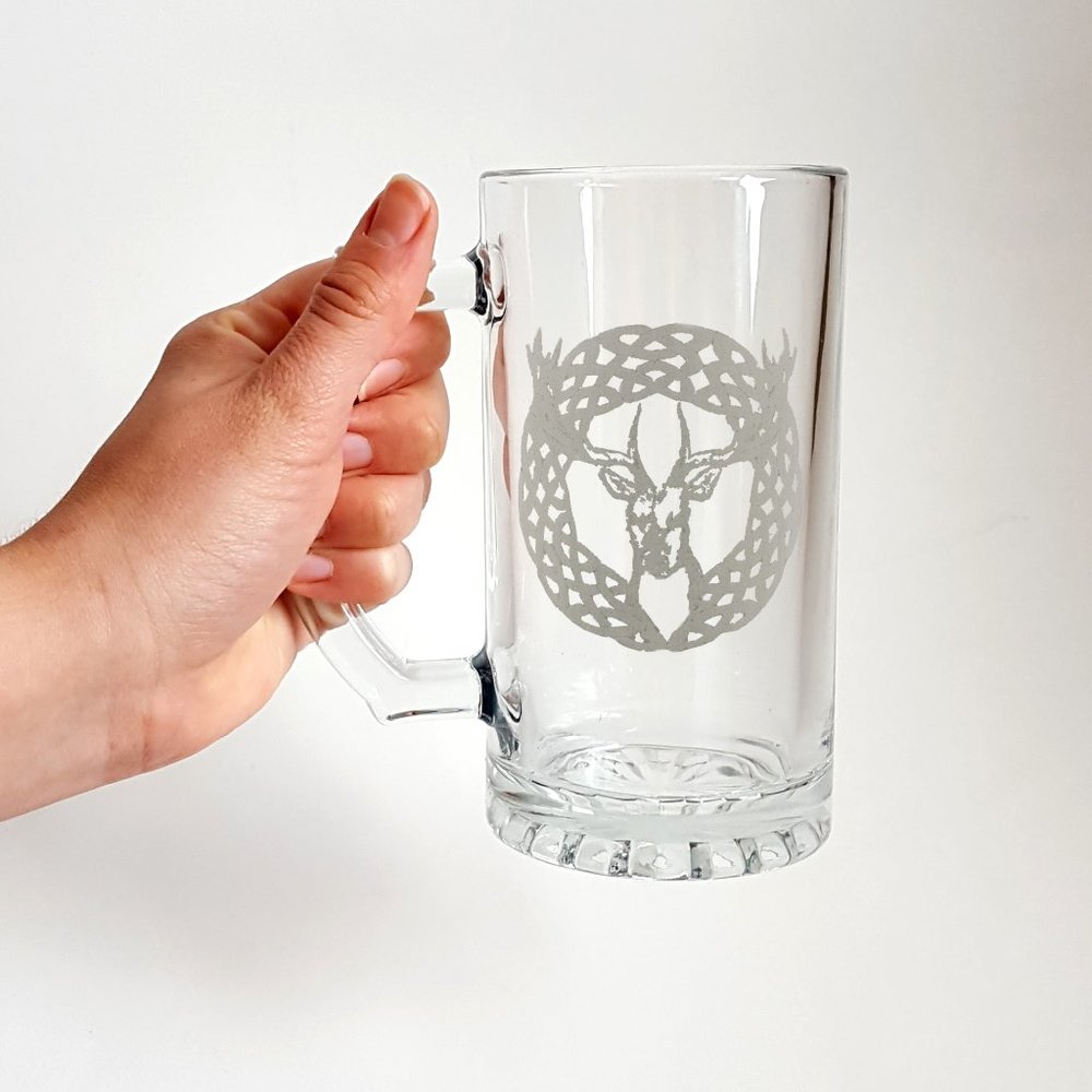 Celtic Stag Engraved Glass Stein, 16oz Beer Mug